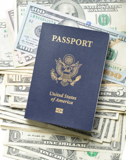 pasport usa The passport the United States of America and dollars. blue us passport cover stock pictures, royalty-free photos & images