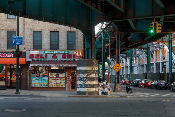 23rd Street - Jackson Avenue, Queens, New York, USA – May 9, 2018: Deli under the subway, a classic New York move scene