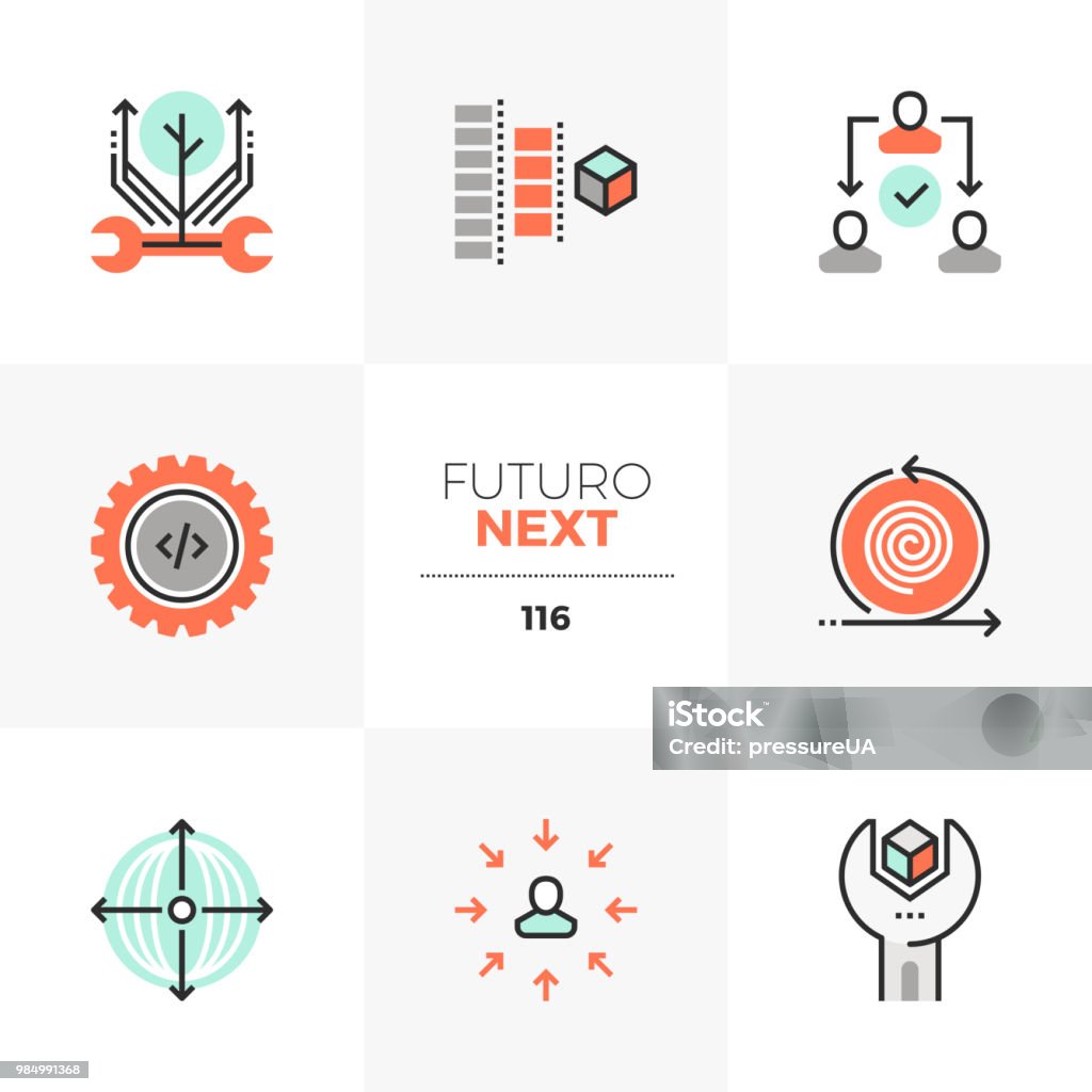 Production Process Futuro Next Icons Modern flat icons set of agile development, project production process. Unique color flat graphics elements with stroke lines. Premium quality vector pictogram concept for web, branding, infographics. Icon Symbol stock vector
