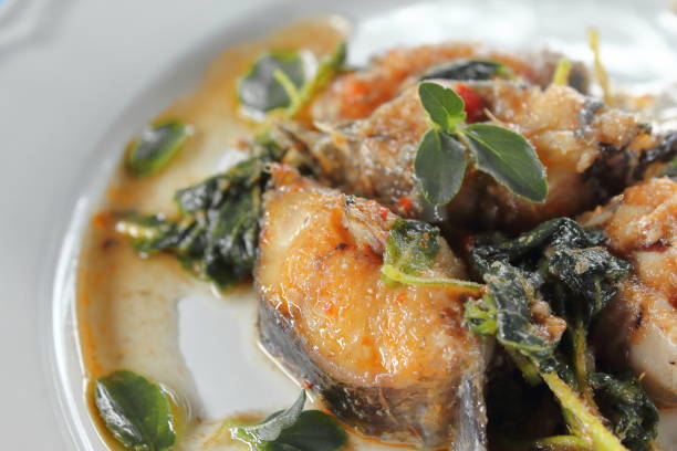 Spicy Fried Catfish with basil food in thai style