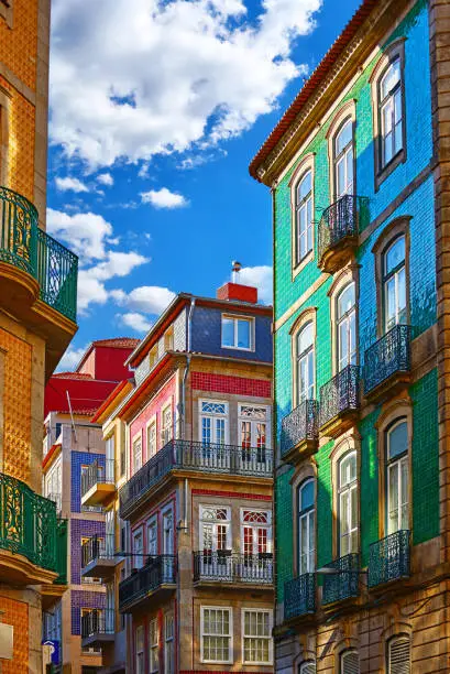 Photo of Porto, Portugal. Azulejo tiles on walls of houses