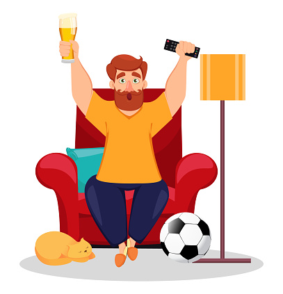 Sport fan sitting in armchair at home and watching TV cheering for his favorite football team. Vector illustration on white background.