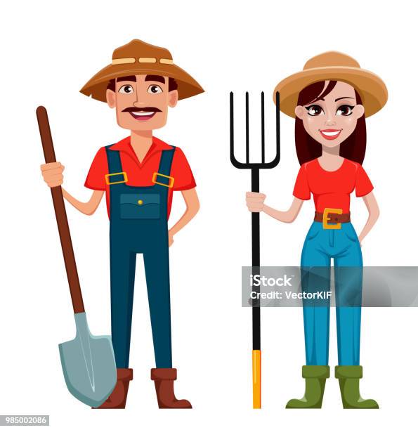 Farmers Man And Woman Cartoon Characters Stock Illustration - Download  Image Now - Females, Rancher, Adult - iStock