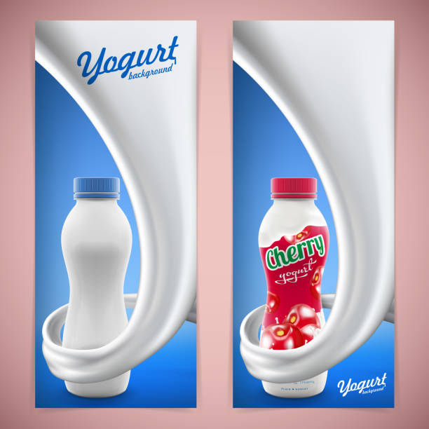 체리 맛와 빈 한 음료 저지방 요구르트 병의 집합 - nonfat milk stock illustrations