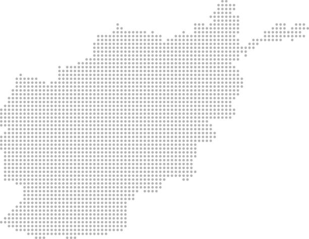 Afghanistan map dots, dotted Afghanistan map vector outline faded gray background, point patterns image art This abstract dotted map of Afghanistan is accurately prepared using the overlaid vector map of the Afghanistan with highly detailed information. khost afghanistan stock illustrations