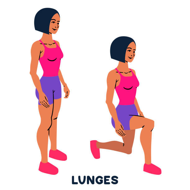 Lunges. Sport exersice. Silhouettes of woman doing exercise. Workout, training. - ilustração de arte vetorial