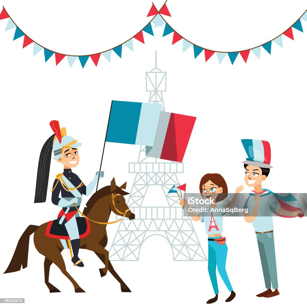 People with flags in hands welcome on parade of soldiers horses against backdrop eiffel tower in France, French national holiday - day capture bastille vector illustration People with flags in hands welcome on parade of soldiers horses against backdrop eiffel tower in France, French national holiday - day capture bastille vector illustration. Armed Forces stock vector