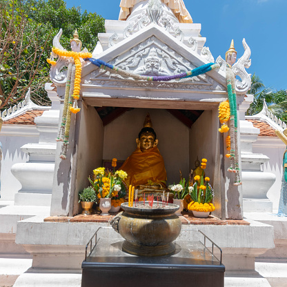 Songkhla, Thailand, Apr. 13, 2018 : Ancient buddhas in the buddha church at wat Wat Kudi, Songkhla, Thailand