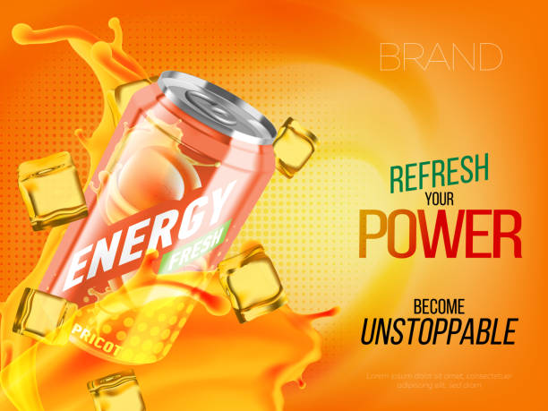 Apricot cold energy drink in metal can with ice and juice splash advertising banner, soda water branding ready mockup high quality vector 3d realistic illustration for advertising design aluminum sign mockup stock illustrations