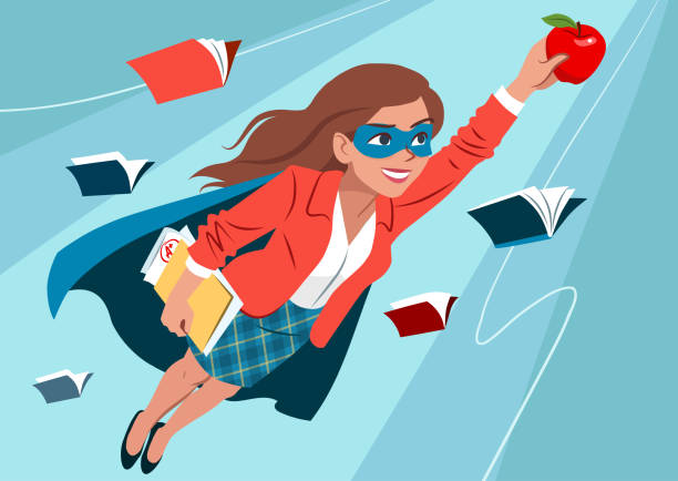 молодая женщина в плаще и маске летит по воздуху в супергеройской позе, уверенно и счастливо смотрит, держа в руках яблоко и папку с бумагам� - teacher stock illustrations