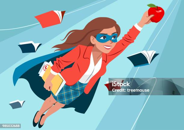 Young Woman In Cape And Mask Flying Through Air In Superhero Pose Looking Confident And Happy Holding An Apple And Folder With Papers Open Books Around Teacher Student Education Learning Concept Stock Illustration - Download Image Now