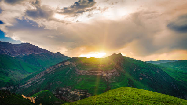 Colorful bright sunset in the Caucasus Mountains stock photo