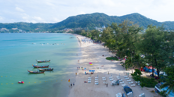 Aerial view of Patong beach in the morning, first day of january 2018. not many tourist on the beach.