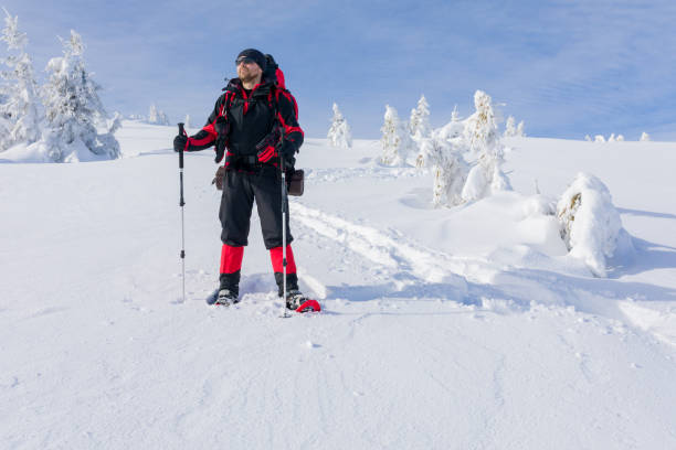 istock Snowshoe walker standing in powder snow 985038552