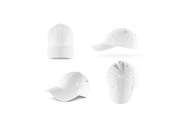Blank white baseball cap mock up set Blank white baseball cap mock ups set, isolated. Empty sports hat mockup. Clear snapback front, side and top view. Head wearing dress presenation white cap stock pictures, royalty-free photos & images