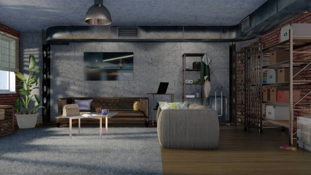 istock Living room interior in loft apartment 3D design 985045038