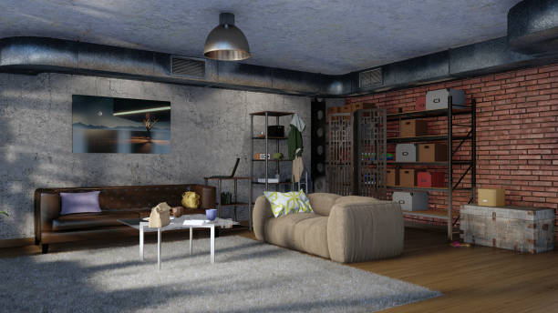 istock Minimalist loft style living room interior 3D 985045470