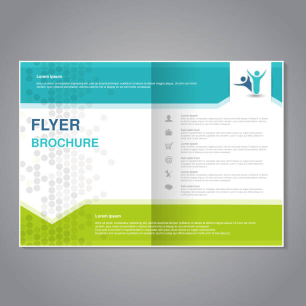 ilustrações de stock, clip art, desenhos animados e ícones de vector modern brochure, abstract flyer with simple dotted design. layout template with arrows. aspect ratio for a4 size. poster of turquoise, green, grey and white color. magazine cover - 3621