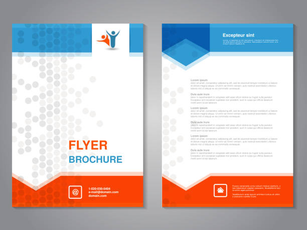 ilustrações de stock, clip art, desenhos animados e ícones de vector modern brochure, abstract flyer with simple dotted design. layout template with arrows. aspect ratio for a4 size. poster of blue, orange, grey and white color. magazine cover. - letter a internet infographic arrow sign