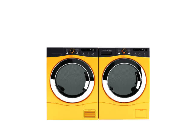 istock Modern orange two washing machines for large family 3d render on white background no shadow 985052056