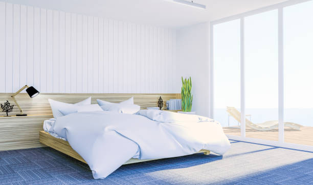 White modern contemporary bedroom interior with copy space on wall for mock up White modern contemporary bedroom interior with copy space on wall for mock up, 3D Rendering neon bedroom stock pictures, royalty-free photos & images