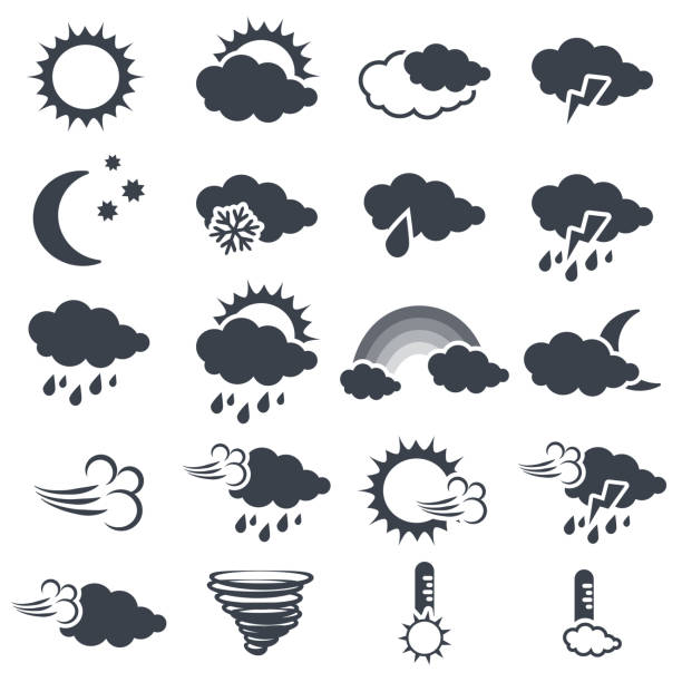 ilustrações de stock, clip art, desenhos animados e ícones de vector set of various dark grey weather symbols, elements of forecast - icon of sun, cloud, rain, moon, snow, wind, whirlwind, rainbow, storm, tornado, thermometer - meteo