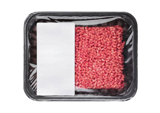 Plastic tray with frew raw beef pork lamb mince stock photo