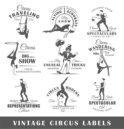 Set of vintage circus labels. Templates for the design of logos and emblems. Collection of circus symbols: clown, acrobatic, trick. Vector illustration