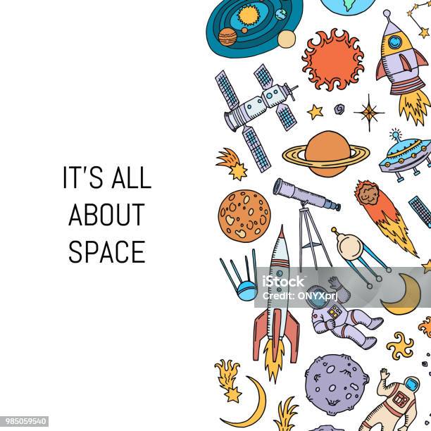 Vector Hand Drawn Space Elements Background With Place For Text Illustration Stock Illustration - Download Image Now