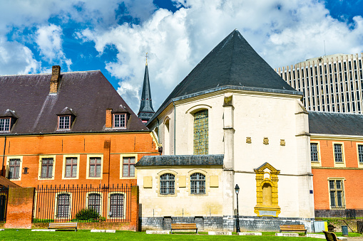 The belfry of the town hall of Loos, 38 meters high, with its neo-Flemish style architecture built in the 1880s. It is listed as a UNESCO World Heritage Site. Photos taken in the town of Loos, in the Nord department, in Hauts-de-France, in France, Europe.