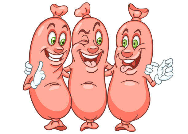 Cartoon bratwurst sausages for hot dog Sausages. Fast Food and Friendship concept. Happy cartoon design for kids. vienna sausage stock illustrations