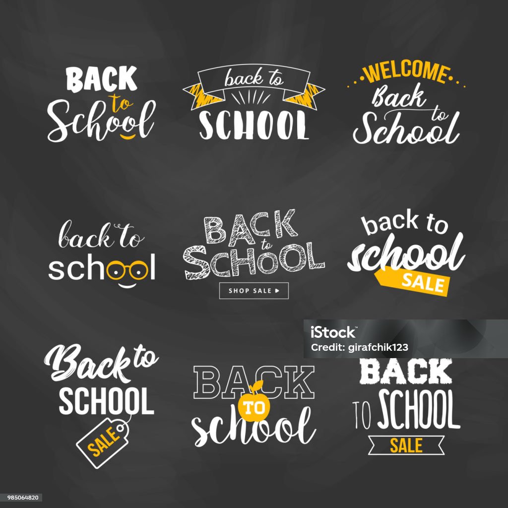 Volver a escuela venta texto tipografía establecida. - arte vectorial de Comienzo del año escolar libre de derechos