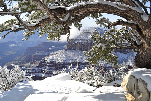 Panoramic of South Rim of Grand Canyon National Park under a partially clouded sky