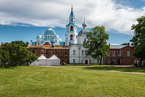 Savior Transfiguration Cathedral, view from the refectory. Valaam is a cozy and quiet piece of land, the rocky shores of which rise above the lush waters of lake Ladoga