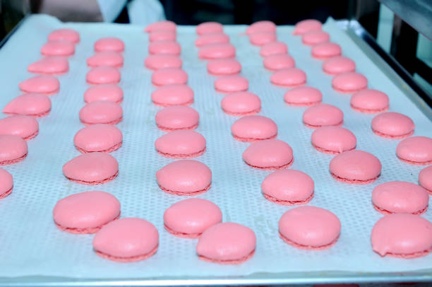 Production of macaron confectionery, french macarons at a confectionery factory.  shallow depth of field