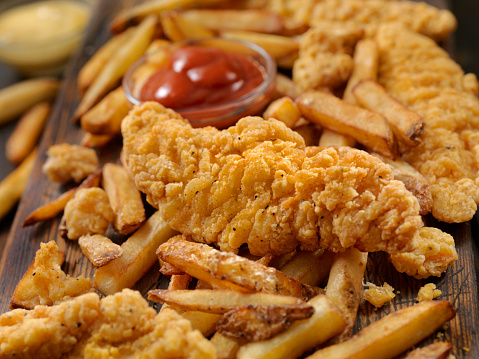 Crispy Chicken Strips with Fries, Ketchup and Spicy Mustard