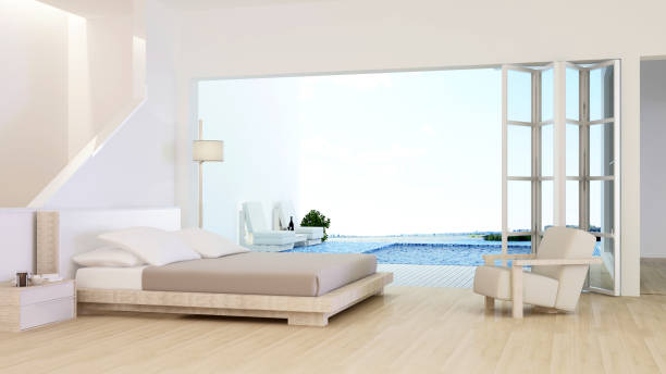 istock The interior minimal hotel bedroom space swimming pool 3d rendering and nature view background 985088068