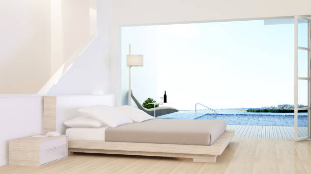 istock The interior minimal hotel bedroom space swimming pool 3d rendering and nature view background 985088112