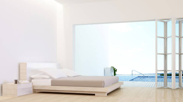 istock The interior minimal hotel bedroom space swimming pool 3d rendering and nature view background 985088178