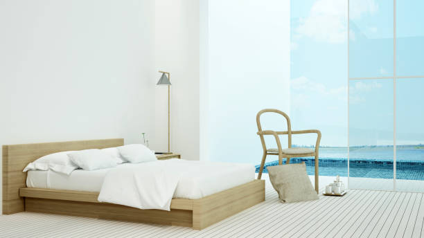 istock The interior minimal hotel bedroom space swimming pool 3d rendering and nature view background 985088220