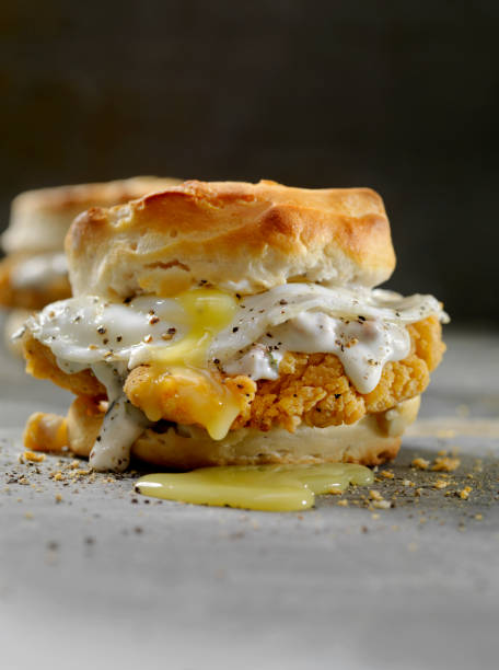 istock Fried Chicken Sandwich with a Fried Egg,Sausage Gravy on a Biscuit 985088244