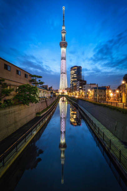 torre de tóquio skytree à noite em asakusa, tóquio, japão. marco no japão - skytree - fotografias e filmes do acervo