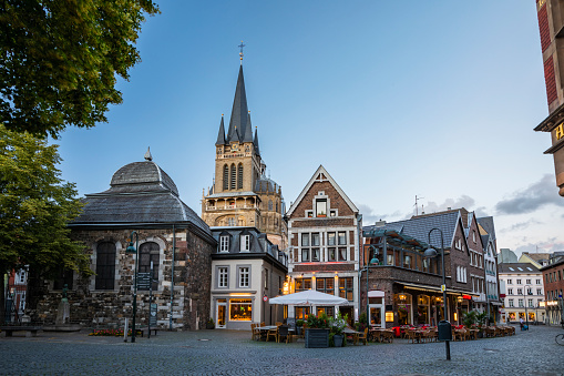 Historic town sqaure in the old town of Aachen with Aachen Cathedral. Germany - Europe