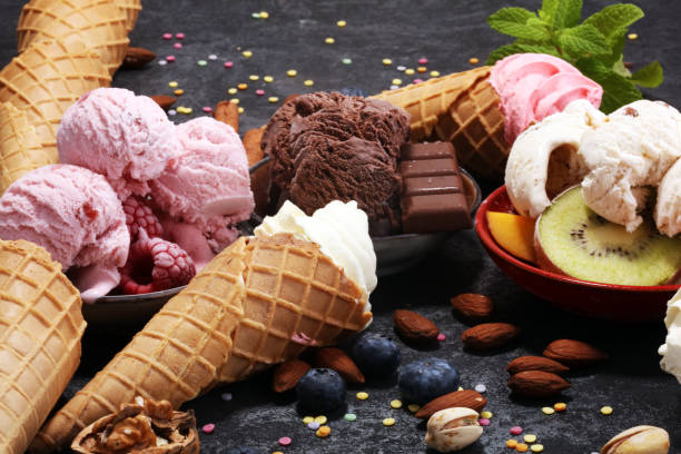 istock Vanilla frozen yogurt or soft ice cream in waffle cone in various flavour 985105926