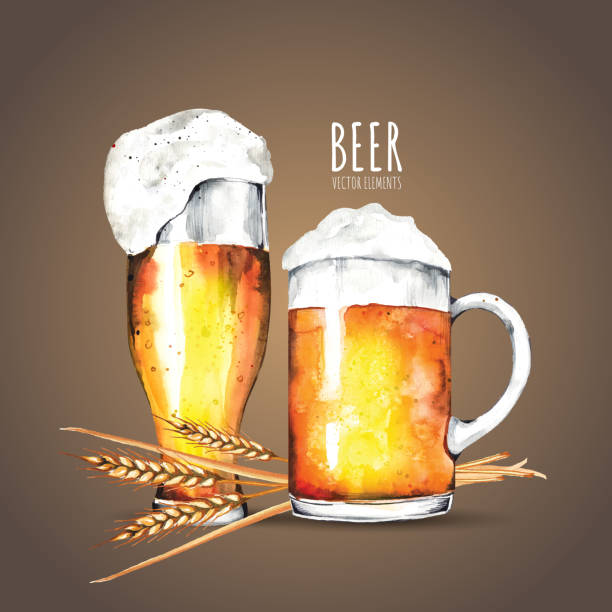 Watercolor elements on the theme of beer. Beer glass, hops, malt Watercolor elements on the theme of beer. Beer glass, hops, malt. Illustrations for web, poster, party invitation. water colour beer hops stock illustrations