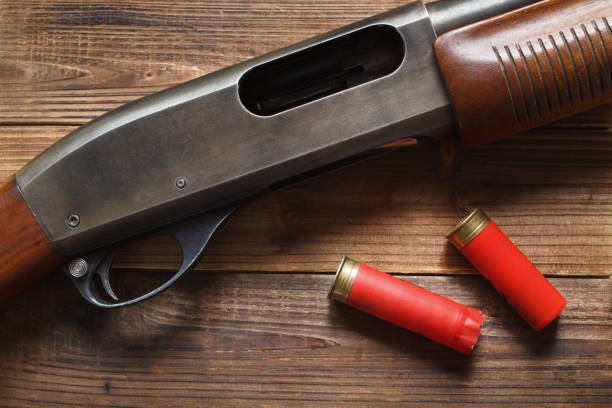 Shotgun 12 gauge pump action shotgun on wood detail and shells. double barrel gun stock pictures, royalty-free photos & images