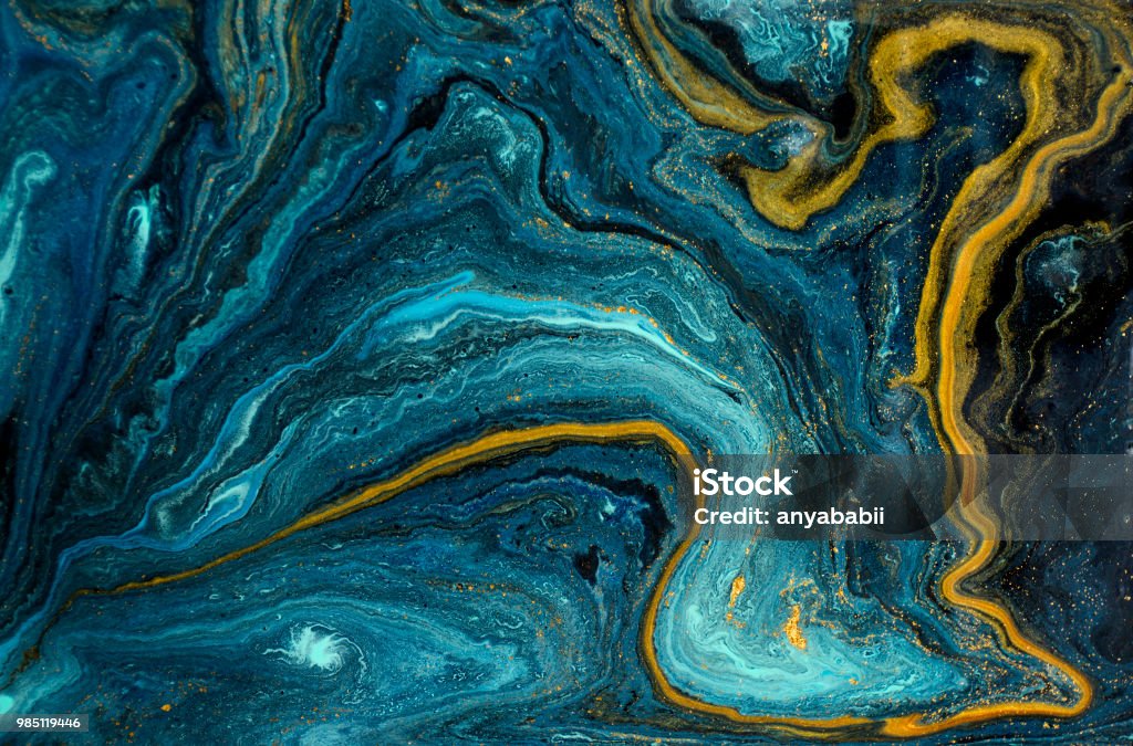大理石の抽象的なアクリルの背景。青霜降りアートワークのテクスチャです。瑪瑙リップル パターン。金の粉。 - 抽象的のロイヤリ�ティフリーストックフォト