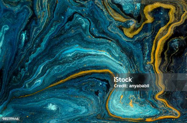 Marble Abstract Acrylic Background Blue Marbling Artwork Texture Agate Ripple Pattern Gold Powder Stock Photo - Download Image Now