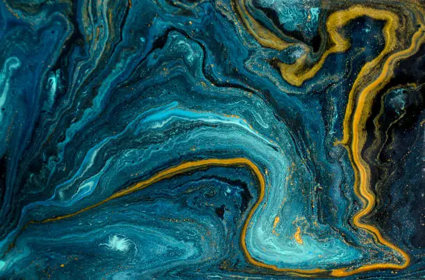 Photo of Marble abstract acrylic background. Blue marbling artwork texture. Agate ripple pattern. Gold powder.