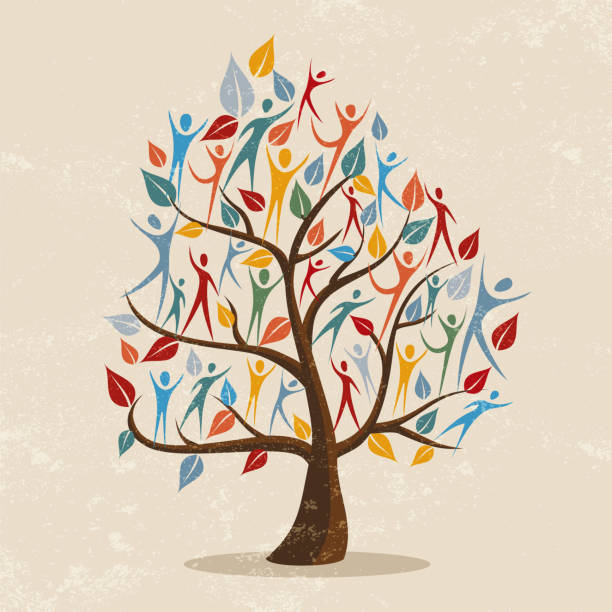 Family tree concept illustration with people icon Family tree symbol with colorful people. Concept illustration for community help, environment project or culture diversity. EPS10 vector. family tree stock illustrations